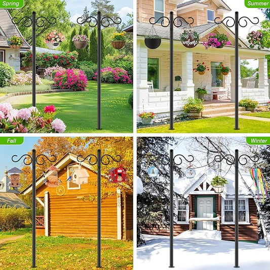 RCUICA Double Shepherds Hooks for Outdoor,2 Pack 90 Inch Bird Feeder Pole with 5 Prongs Base,Heavy Duty Shepherds Hook,Suitable for Garden in Hanging Flower Basket,Lantern,Bird Nests (90 Inch)