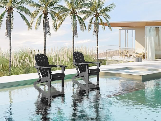 MUCHENGHY Folding Adirondack Chairs 6 Pack, Patio Chairs, Fire Pit Chairs, Outdoor Chairs, Plastic Adirondack Chairs, Lawn Chairs Weather Resistant with Cup Holder for Deck, Backyard, Garden(Black)