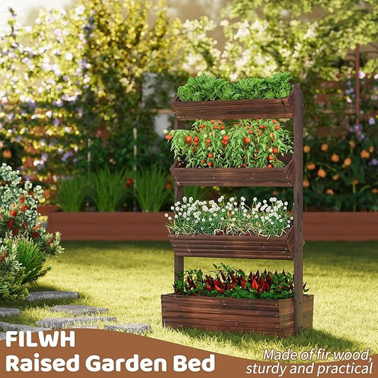 FILWH Wooden Raised Garden Bed Vertical Planter Box, Freestanding Plant Stand for Indoor Outdoor Plants, Herbs, Flowers, Vegetables, Gardening (Carbonized, 4-Tier,29.9 x 17.9 x 55in)