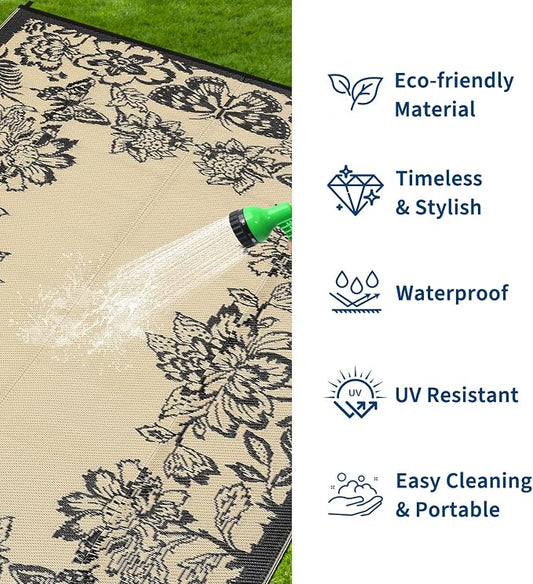 Garvee 5’x8’ Waterproof Patio Outdoor Rug, Outdoor Plastic Straw Rug for Camping, RV Mat Outside, Indoor Outdoor Carpet for Porch, Deck, Backyard, Balcony, Picnic, Black & Brown