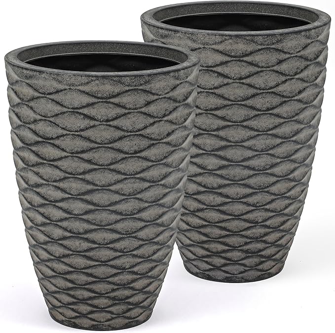 19" H Coastal Planter for Indoor/Outdoor Plants, Set of 2 Large Flower Pot with Drainage Hole, Weather-Resistant Resin Planters for Garden Patio Porch Home Office Decor, Rustic Black Wavy