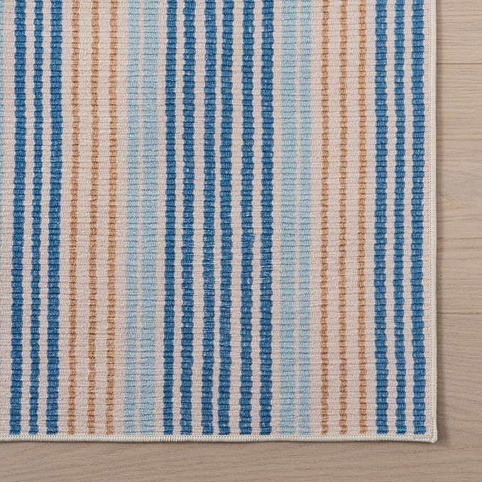 Dash & Albert Tyne Blue Machine Washable Rug, 2 X 3 Feet, Blue/Tan Stripe Pattern