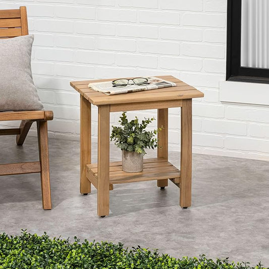 JONATHAN Y END6001T Kellie 16.1" Cottage Classic Slatted Solid Acacia Wood Indoor/Outdoor Side Table with Shelf for Patio, Garden, Bathroom, Living Room, Light Teak