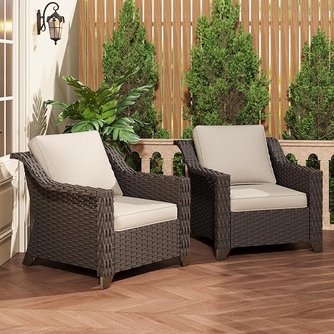 Patio 2 Pieces Wicker Chairs Set of 2,Outdoor PE Rattan Armchairs, Water-Resistant Cushions with Removable and Washable Covers, Porch, Balcony, Sunroom (Beige)