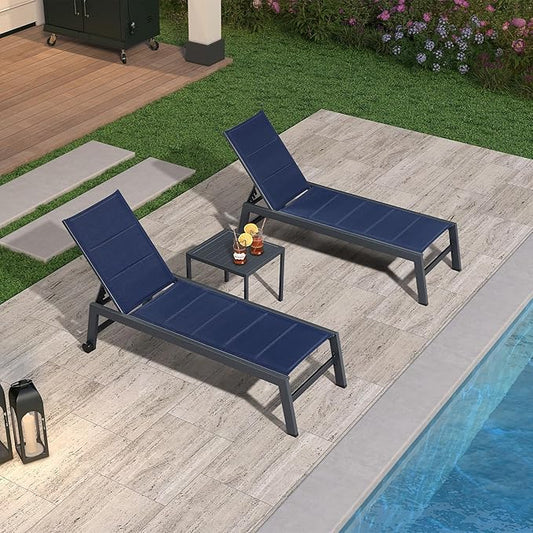 PURPLE LEAF Outdoor Patio Chaise Lounge Set of 4 Aluminum Lounge Chair with Wheels and Side Table Pool Chaise Chair for Outdoor Garden Poolside Navy Blue