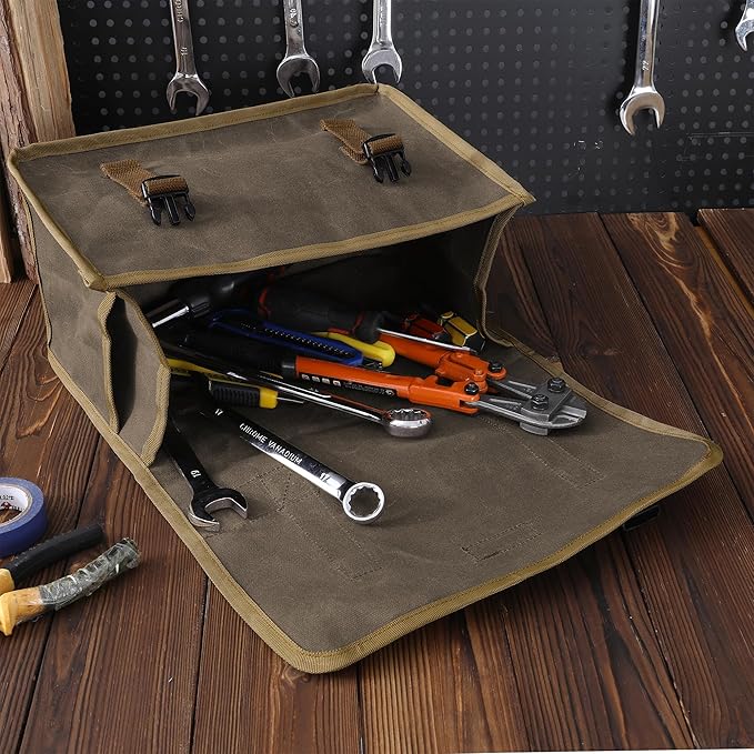 Canvas Tool Storage Bag - Portable Garden Tool Carrying Case with 3 Pockets + 2 Release Buckles, Multi-Purpose 16OZ Waxed Canvas Tool Tote Bag | 11.5"L x 6"W x 7.5"H | Grey