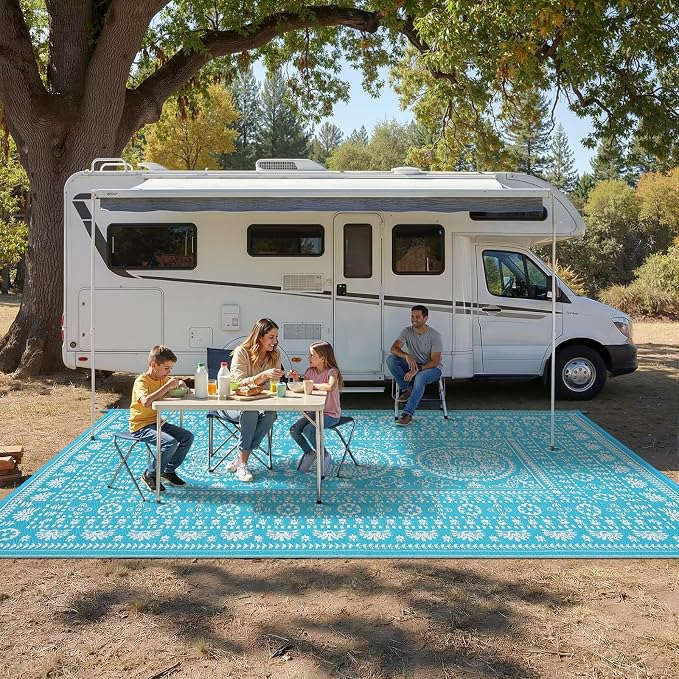 Garvee Reversible Outdoor Rug 9x12 for Patio, Waterproof Outdoor Area Rug, Modern Medallion Indoor Outdoor Rugs, Plastic Straw Rug for RV, Camping, Deck, Vintage Blue