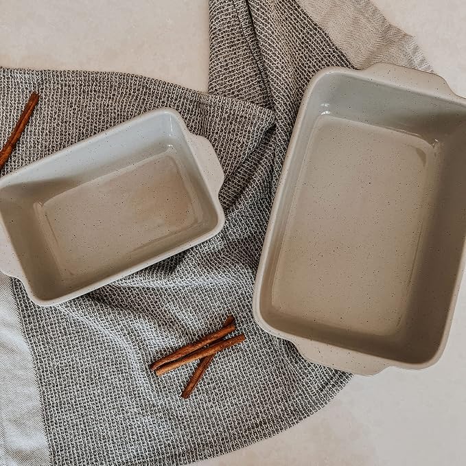Mora Ceramic Set of 2 Baking Dishes For Casserole, Banana Bread, Brownies, Broiling, Roasting, and Baking. 7x11 in and Loaf Pans - Porcelain Serving Bakeware from Oven to Table. Freezer Safe - Grey