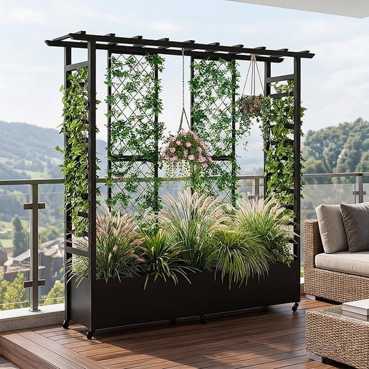 74" Mobile Planter with Trellis,Weatherproof Vertical Raise Garden Bed with Trellis & Hanging Roof for Climbing Plants,Flowers,Vegetables,Rust-Proof Metal Privacy Planter for Patio (Black-B)