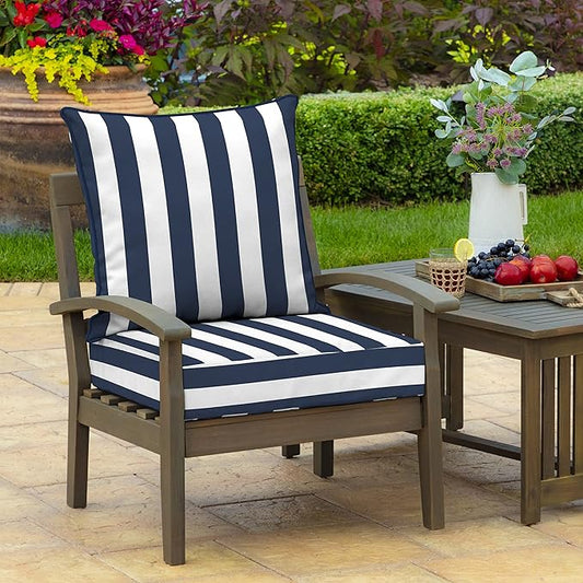 Arden Outdoor Foam Deep Seat Cushion Set, 24 in x 24 in, Weather-Proof, Rain-Proof, Fade Resistant Patio Cushion, Bottom and Back Cushion for Chair, Sofa, and Couch Sapphire Blue Cabana Stripe
