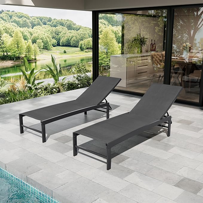 Crestlive Products Chaise Lounge Chair Outdoor Set of 2, Adjustable 5 Positions Pool Tanning Recliner, Outdoor Lounge Furniture Perfect for Patio, Beach, Yard, Pool