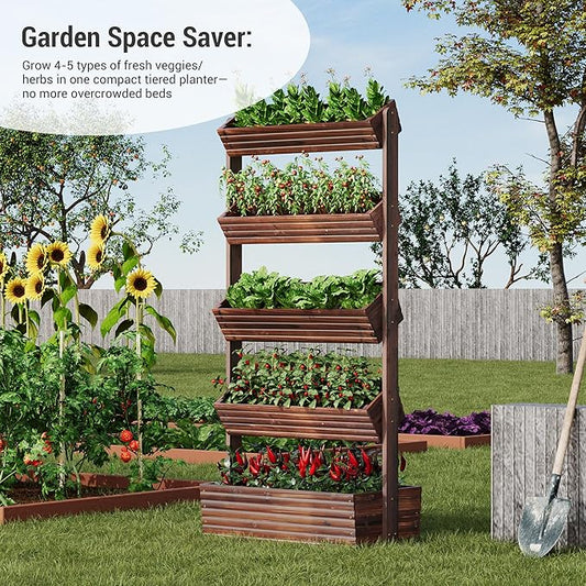 Vertical Wooden Raised Garden Bed Planters Wood Planter Kit Plant Stand Flower Rack Planter Box Gardening Plants Herbs Flowers Vegetables Outdoor Indoor Freestanding (Carbonized 5-Tier)