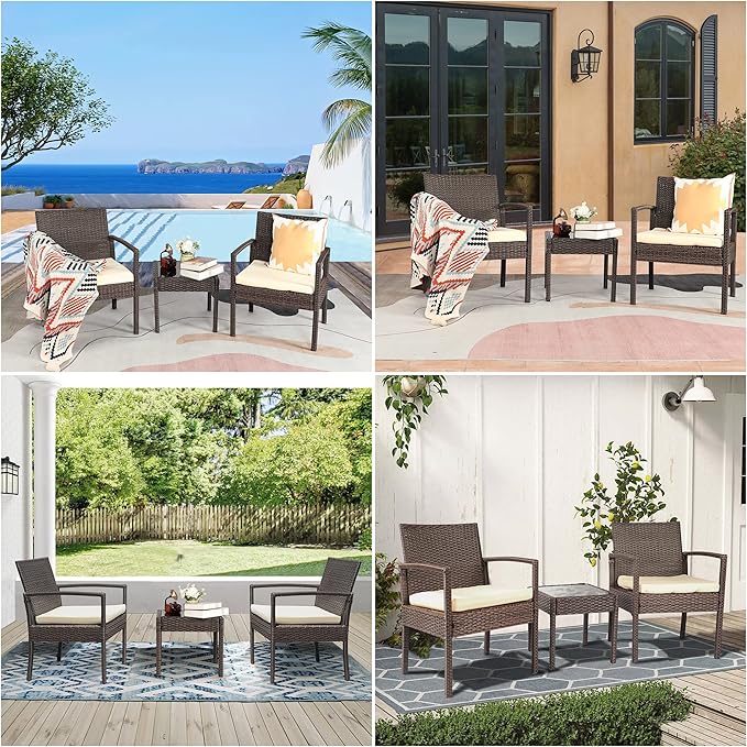 3 Piece Outdoor Patio Furniture Sets, Rattan Conversation Set with Soft Cushion, Wicker Chairs with Coffee Table for Yard Backyard Lawn Porch Poolside Balcony, Beige