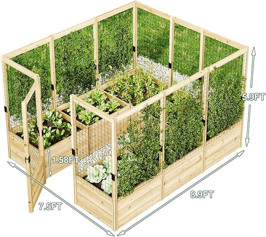 AMERLIFE Raised Garden Bed with Deer Proof Fence, 7.5Wx9Dx6H Outdoor Wooden Raised Garden Bed Planter with 19" Depth Planter Box
