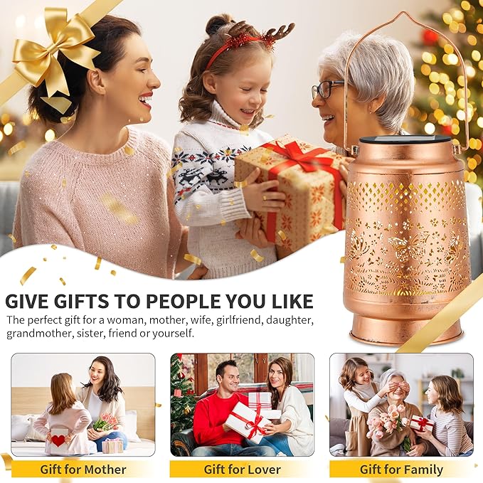 2 Pack Solar Lanterns Outdoor Waterproof, Hanging Metal Butterfly Decorative Lights for Garden Patio Yard Porch Pathway, Solar Powered Outdoor Lantern Gifts for Women Mom Grandma