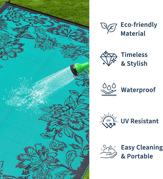 Garvee Outdoor Rugs 9' x 12’ Waterproof Reversible Mats, Large Area Plastic Straw Rug, Outside Carpet, Butterfly Floral Rv Mat for Patio Camping Picnic Backyard Deck Balcony Porch Beach Trailer