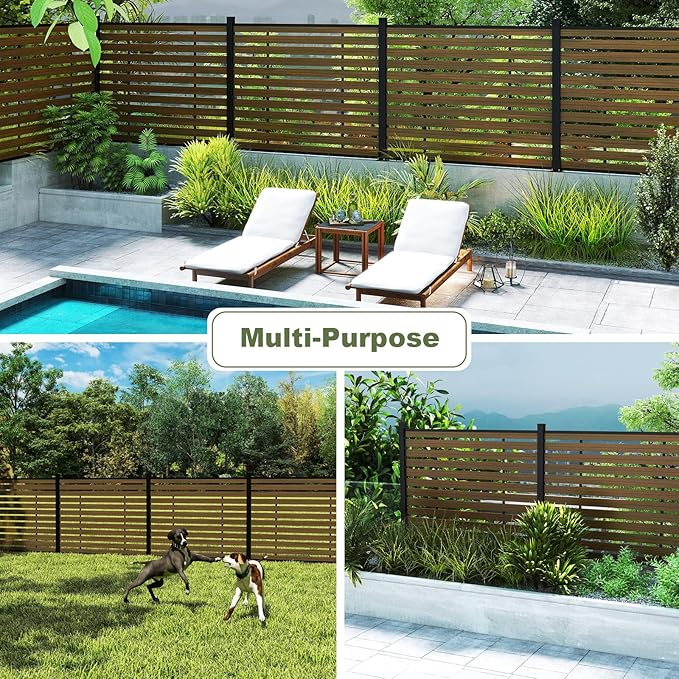 Outdoor Privacy Fence WPC, AC Unit Air Conditioner Screen 5 FT(H) x 6 FT(W) Trash Can with Aluminum Alloy Post, Decorative Fencing, Brown with 1 Post
