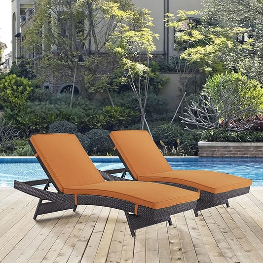 Modway Convene Wicker Rattan Outdoor Patio Chaise Lounge Chairs in Espresso Orange - Set of 2