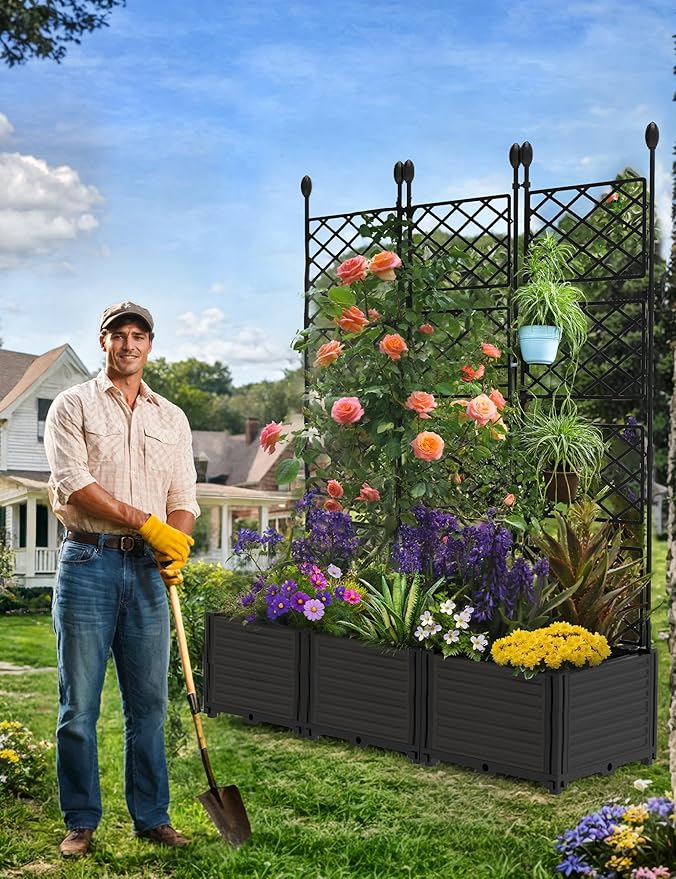 DEXSO The Elevated Garden System - 3PCS Premium Planter Box Kit w/Architectural Trellis, Raised Bed Vertical Growing Solution for Climbing Vines & Herbs, Patio Privacy Screen, Backyard Decor