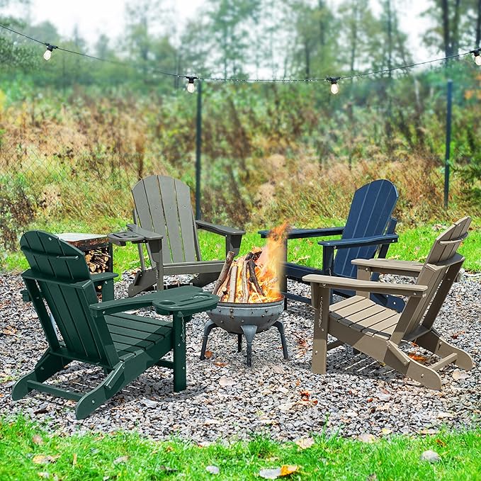 Adirondack Chair Set of 2, HDPE Folding Adirondack Chair with Multifunctional Cup Holder, Weather Resistant Fire Pit Chair for porches, patios, patios, poolsides, Decks.