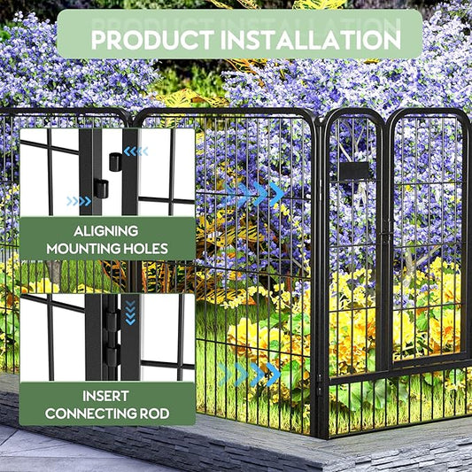 ZXMOTO Outdoor Garden Fence with Gate 6 Pack 32in(H) x14ft(L) Heavy Duty Metal, Decorative Outdoor Yard Fencing for Dogs, Temporary Dog Fence for Backyard, Patio & Garden Beds Easy Setup