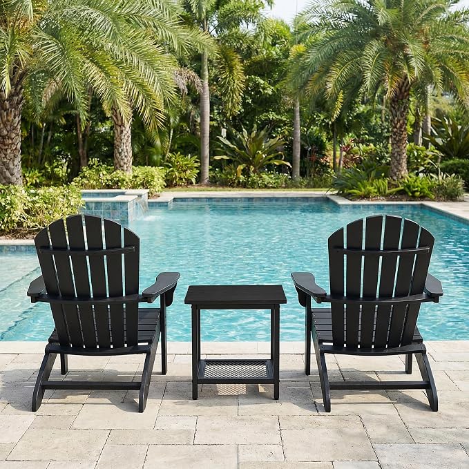 2-Tier Outdoor Side Table with Storage, Weather Resistant Patio End Table, HDPS Small Accent Table for Deck, Garden, Pool, Backyard, Black 2pcs