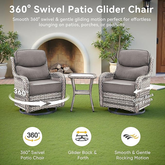 Luxury High Back Outdoor Swivel Rocker Patio Chairs with Side Table & 6-Inch Thick Cushions, 3 Pieces Patio Furniture Set for Porch, Balcony, Deck and Yard