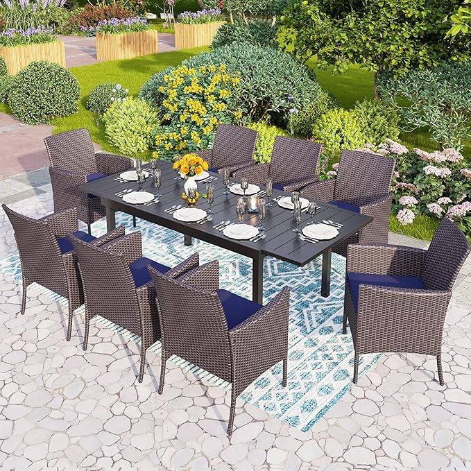 PHI VILLA 9 Piece Outdoor Dining Table Set for 8, Expandable Rectangular Metal Dining Table and Cushioned Rattan Chairs Furniture for Patio, Deck, Porch, Backyard