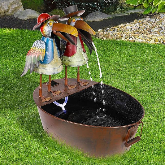 Alpine Corporation 20" Outdoor Tabletop Vintage Rustic Metal Crow Birds, Brown - Charming Waterfall Fountain – Whimsical Garden Decoration - Durable Design for Patio, Yard, Deck