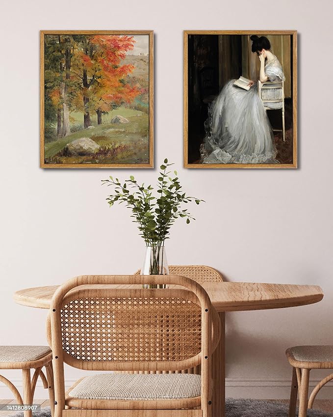 UPWOIGH 16x24 in Large Framed Wall Art, Autumn Tree Oil Painting Canvas, Vintage Fall Landscape Rustic Forest Print, Retro Moody Wall Art for Living Room Bedroom Decor, 1 Pack Gift