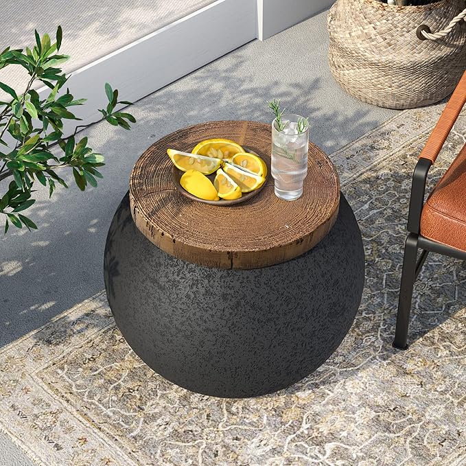 SUNBURY Outdoor Indoor Side Table, 14" W Outdoor End Tables for Patio, Accent Side Table Set of 2, Decorative Garden Stool Wooden-Look Top for Livingroom, Garden, Backyard