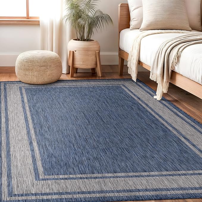 Beverly Rug Outdoor Rug 6x9 Modern Bordered Area Rugs for Indoor and Outdoor Patio Deck Porch Garden Waterproof Weather Sun Resistant Washable Outside Carpet (6 x 9 Navy)