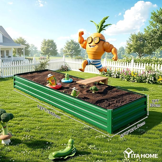 YITAHOME 12x4x1ft 2pcs Large Raised Garden Bed Kit, Galvanized Metal Planter Box with Gloves, Ground Nails, Support Rod, Outdoor Above Ground Planters for Plants Vegetables Flowers, Green