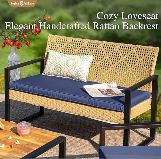 Sophia & William 4 Pieces Patio Conversation Set, Wicker Outdoor Furniture Set for 4, All Weather Outdoor Seating Set, Rattan Loveseat & Chairs with Cushions & Coffee Table, Yellow and Navy Blue