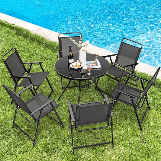 Tangkula Outdoor Folding Chairs Set of 6, Patio Dining Chairs with Breathable Seat & Cozy Armrests, Heavy-Duty Metal Frame, Portable Lawn Chairs for Backyard, Porch, Camping (6, Black)