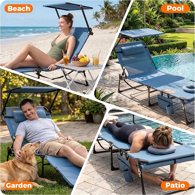 Tanning Chair with Face Hole & Canopy, 28'' Extra Wide, Blue | Folding Chaise Lounge Chair with 4-Position Adjustable Backrest for Beach, Pool, Patio & Camping