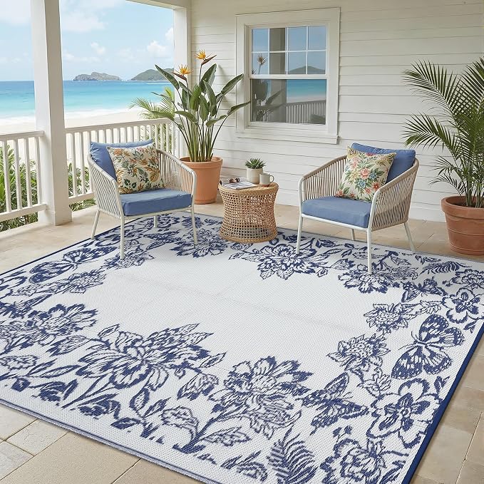 Garvee Outdoor Rugs 9' x 12’ Waterproof Reversible Mats, Large Area Plastic Straw Rug, Outside Carpet, Butterfly Floral Rv Mat for Patio Camping Picnic Backyard Deck Balcony Porch Beach Trailer