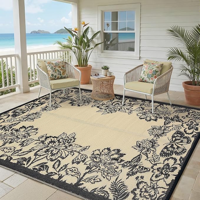 Garvee 5’x8’ Waterproof Patio Outdoor Rug, Outdoor Plastic Straw Rug for Camping, RV Mat Outside, Indoor Outdoor Carpet for Porch, Deck, Backyard, Balcony, Picnic, Black & Brown