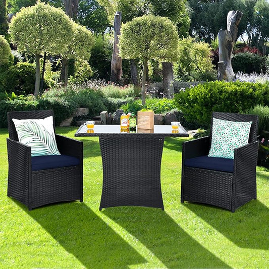 HAPPYGRILL 3 Pieces Outdoor Wicker Bistro Set PE Rattan Dining Table Set with Cushioned Chairs, Patio Conversation Set for Backyard Porch Garden and Poolside