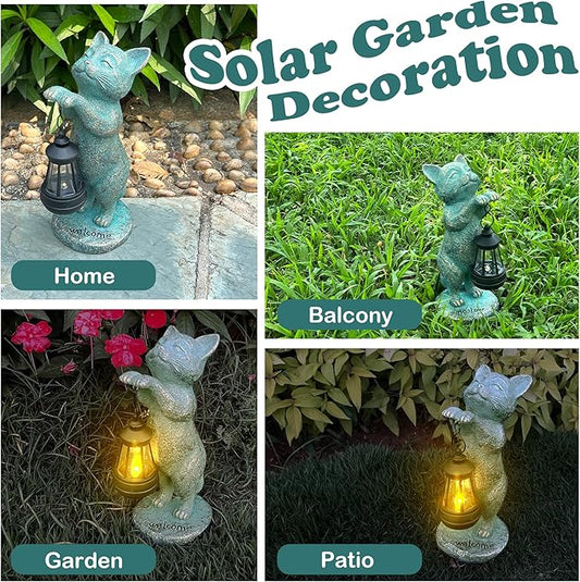 Outdoor Garden Cat Statues Decor - Birthday Gifts for Women Resin Cat Figurines with Solar Lantern for Yard Art Lawn Ornaments Porch Patio Balcony - Gifts for Grandma Mom Wife