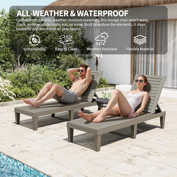 Outdoor Lounge Chair Set of 2 with 1 Black Side Table, 5-Positions Adjustable Patio Chaise Lounge with End Table, Waterproof Pool Lounge Chairs for Poolside, Backyard, Striped Grey