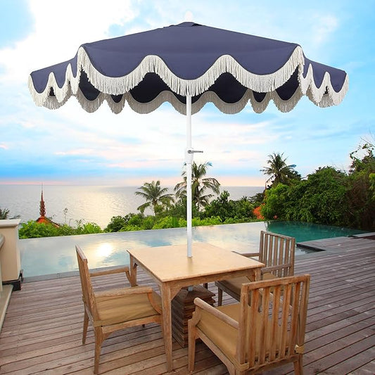 JONATHAN Y UMB1001 Collins 9 ft. Classic Cottage Tassel Market Patio Umbrella with Auto-Tilt, Crank, Wind Vent and UV Protection