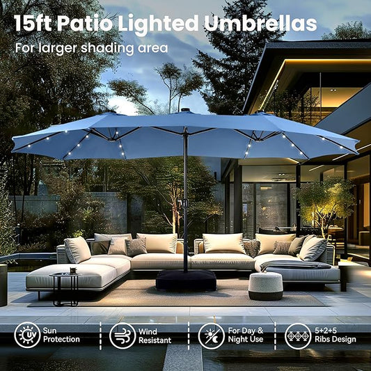 PHI VILLA 15ft Large Patio Umbrella with Solar Lights, Double-Sided Outdoor Market Rectangle Umbrellas with 36 LED Lights, Umbrella Base (Stand) Included, Haze Blue