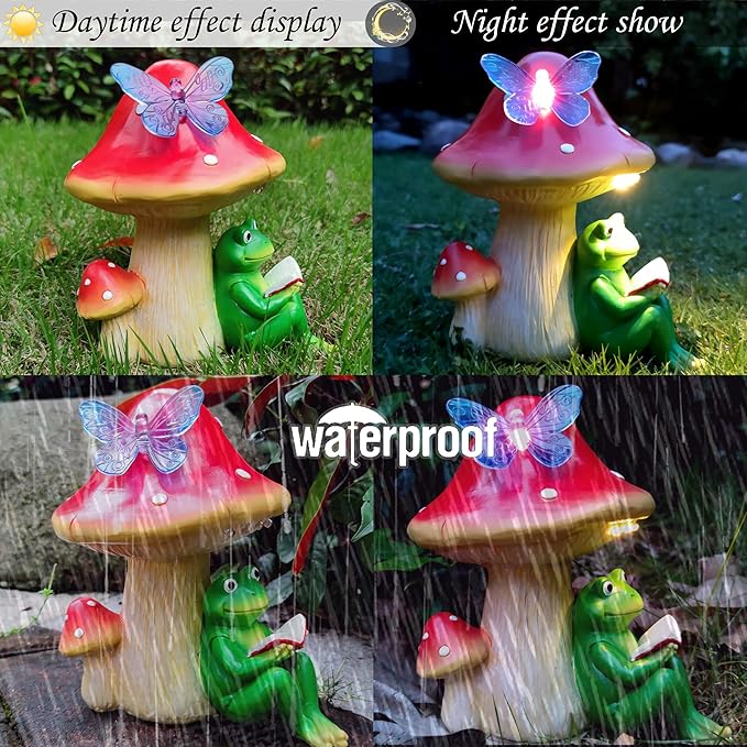 Solar Frog Mushroom Garden Statues,Statuettes of Resin Frog Mushroom Reading a Book Figurine with LED Solar Lights, Lawn Decor Outdoor Statue for Patio,Balcony,Yard,Lawn Ornament