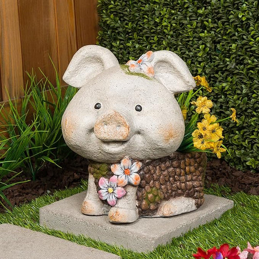 Alpine Corporation WQA1596 Smiling Pig Statue Planter w/Drainage Hole, Stylish Decor for Garden, Patio, & Lawn, 13" H, Gray