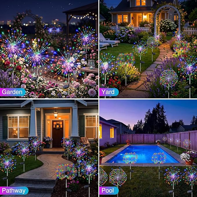 btfarm 1 Pack Solar Garden Lights Outdoor, 8 Modes Firework Lights Solar Powered, Waterproof Twinkle Fairy Light Outside for Yard Patio Pathway Pool Christmas Party Decorative, Multicolor