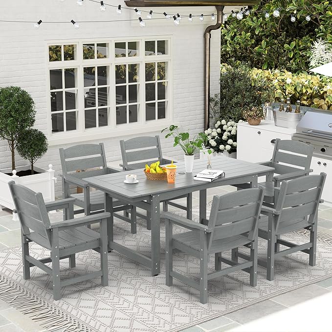 67" Outdoor Dining Table with Umbrella Hole, HIPS All-Weather Rectangular Patio Table for Outdoor/Indoor Use, Grey