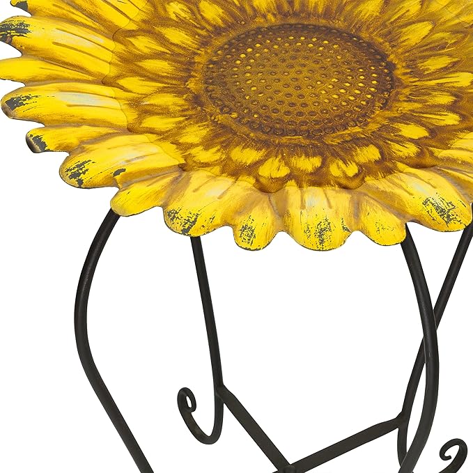 Alpine Corporation 19" H Outdoor Metal Birdbath w/Stylish Stand, Embossed Sunflower Birdbath Bowl and Stand Set, Yellow