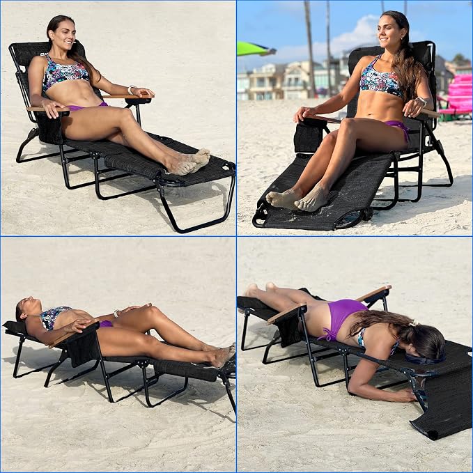 EASYGO PRODUCTS FLIP Face Down Tanning Chaise Lounge Chair with Face & Arm Holes - 4 Legs Support - Textilene Material - 6 Position - Arm Head Rest Pillow - Beach or Home Use