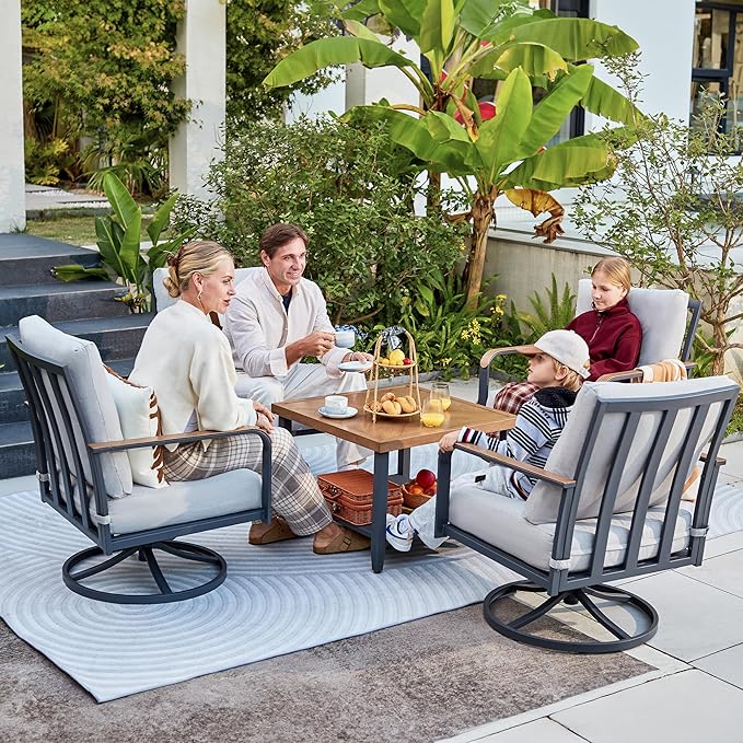 NATURAL EXPRESSIONS 5 Piece Patio Furniture Set, Outdoor Conversation with 4 Pcs Swivel Rocking Chairs and 27" Double-Layer Coffee Table 6" Thick Cushions for Balcony, Backyard, Deck (Light Gray)